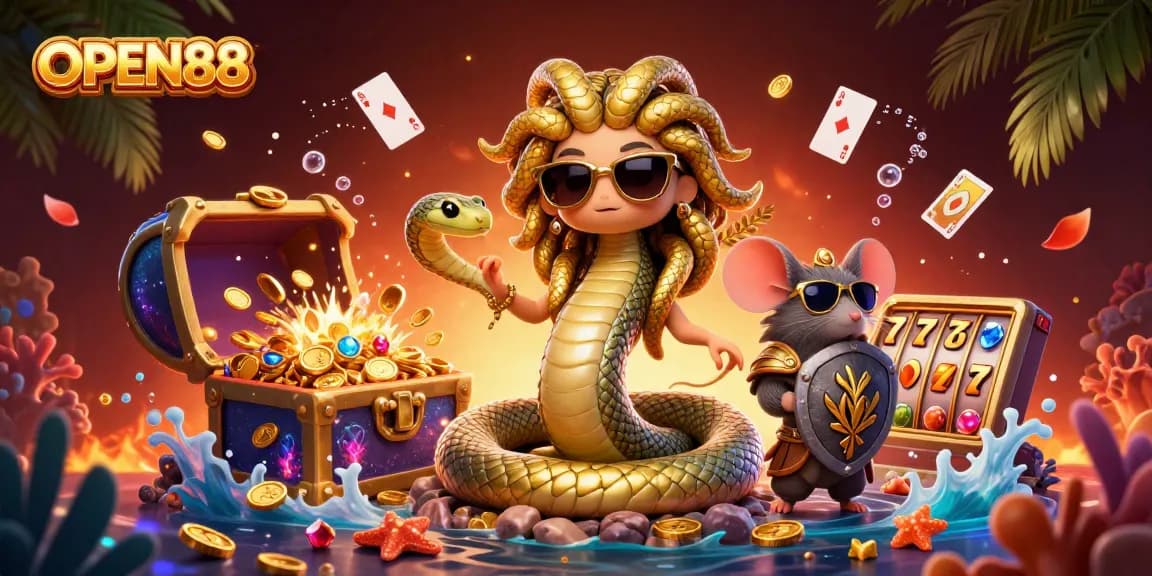 Join the thrilling action at OPEN88, where Medusa and a warrior mouse celebrate casino games amidst golden treasures.