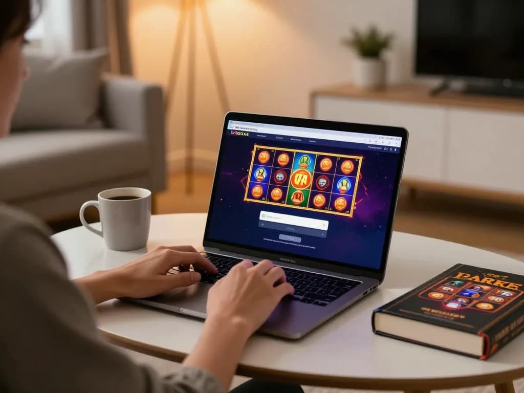 Engaging scene of a player using login idnscore for online slots on a laptop, cozy home setting.