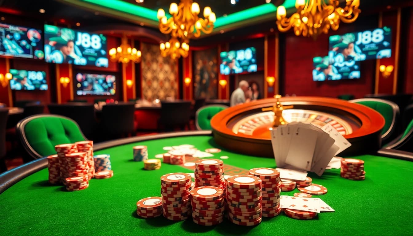 Players enjoying poker at J88 casino, showcasing excitement and vibrant gaming atmosphere.