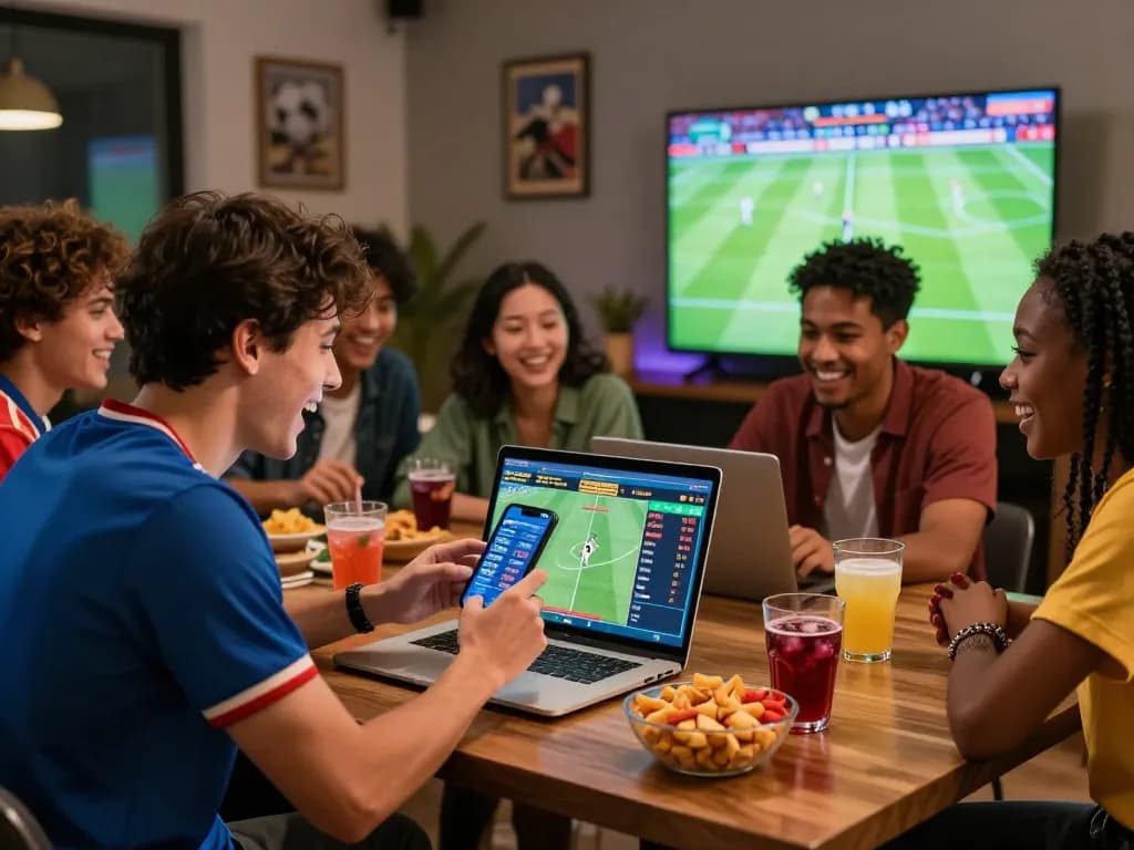 Friends enjoying Judi Bola betting on football matches together around a laptop with drinks and snacks.