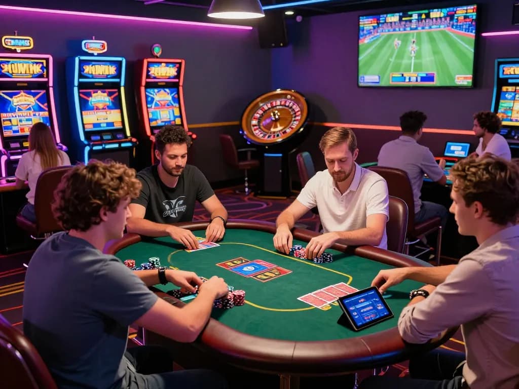 Online gambling experience at https://kuwincom.net/ with vibrant gaming room showcasing poker, slots, and sports betting.