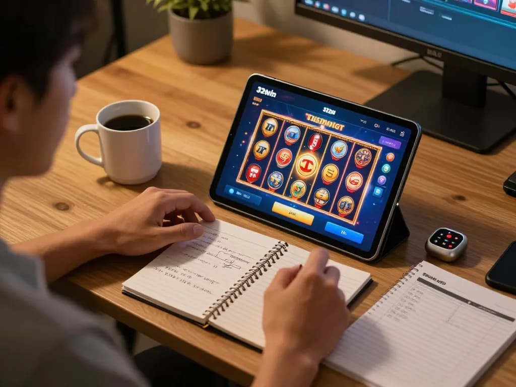 Player engaging with 32win app for exciting slot gameplay in a cozy gaming setup