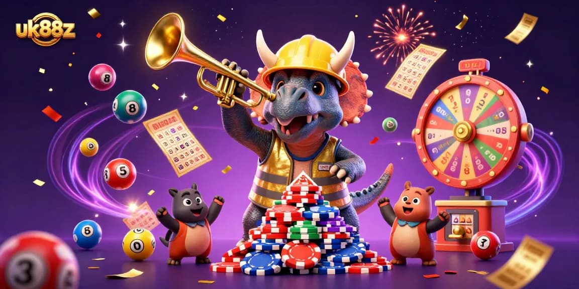Celebrate with uk88z at an exciting lottery-themed casino scene filled with dynamic activities.
