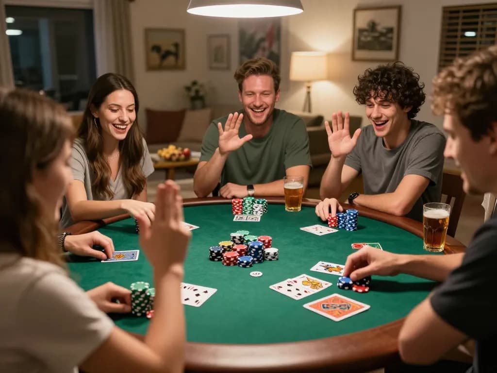 Sunwin poker players enjoying a competitive game with colorful chips and cards