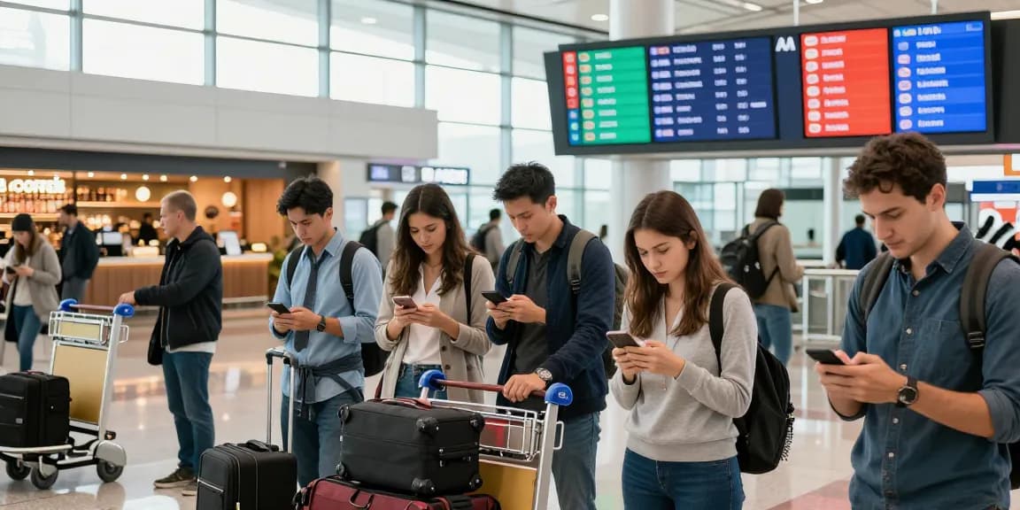 Travelers checking flight status for AA 88 at a busy airport terminal filled with excitement and anticipation.