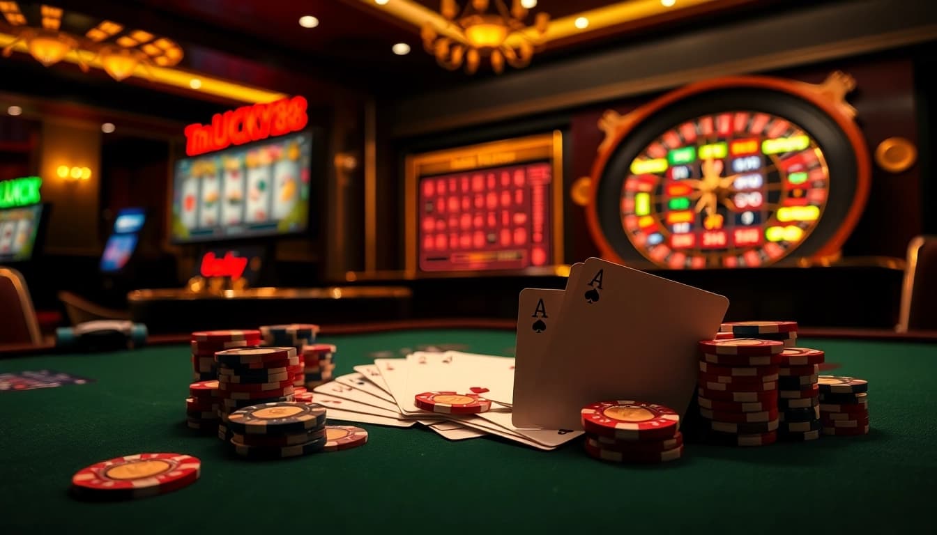 Engage with the LUCKY88 LINK at a luxurious casino table featuring poker chips and cards.