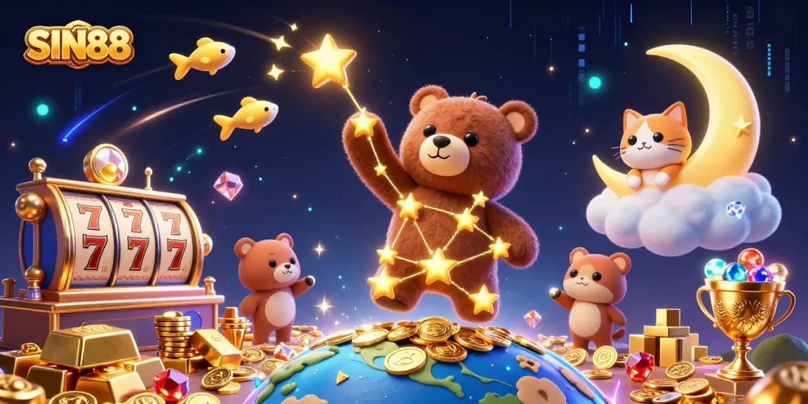 SIN88 brings excitement with a constellation bear scooping casino coins amid vibrant imagery.