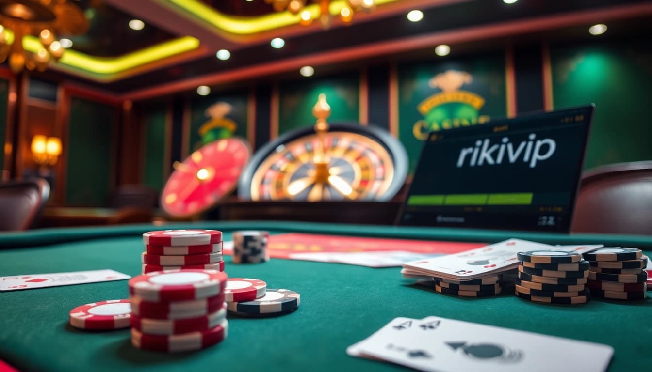 Engage with Rikvip's thrilling online gaming environment featuring poker chips and a roulette wheel.