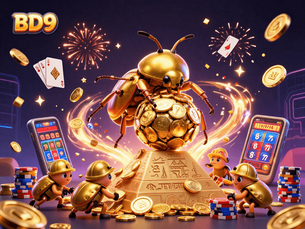 Engage with BD9's thrilling gaming experience featuring gold coins, roulette, and vibrant casino elements.