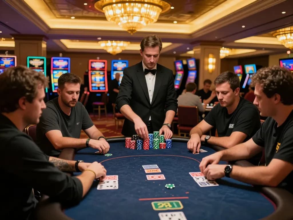 Players enjoying an intense poker game at an FC88-themed casino, showcasing dynamic action and engagement.