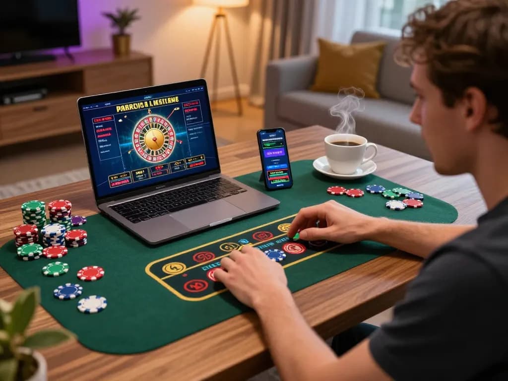 Enjoying an online casino game with 789 win strategies at home, featuring a laptop and vibrant gaming atmosphere