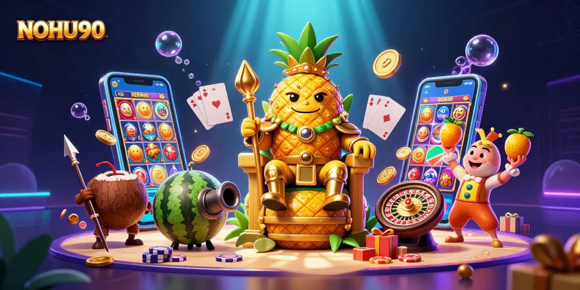 Engage with NOHU90's exciting slots at the vibrant beach casino through an artistic illustration.