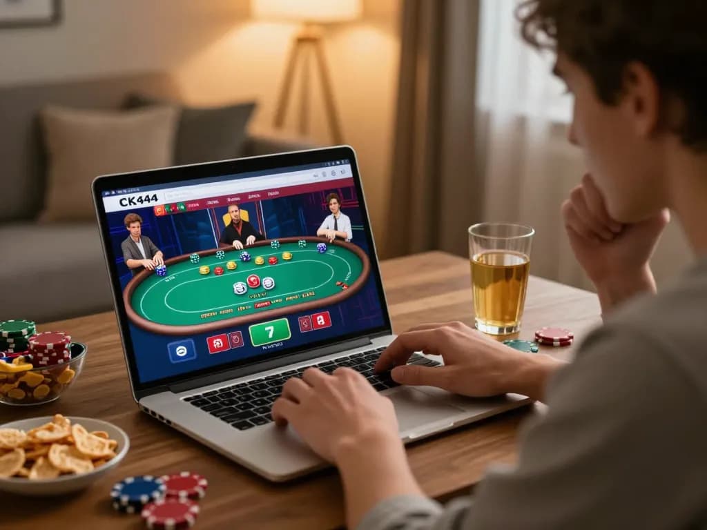 Engaging with CK444 online casino on a laptop, showcasing live poker gameplay in a cozy home setting.