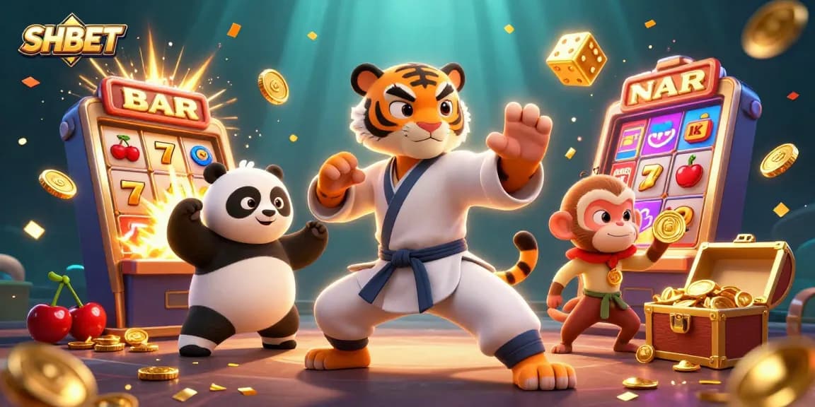 Engage with vibrant SHBET slots featuring characters amidst a jackpot explosion of coins.