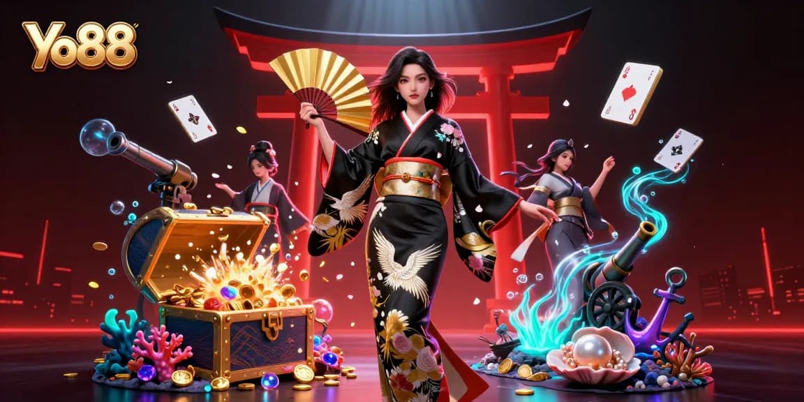 Play exciting games at Yo88 featuring an elegant Asian woman in a stunning kimono with rich casino elements.