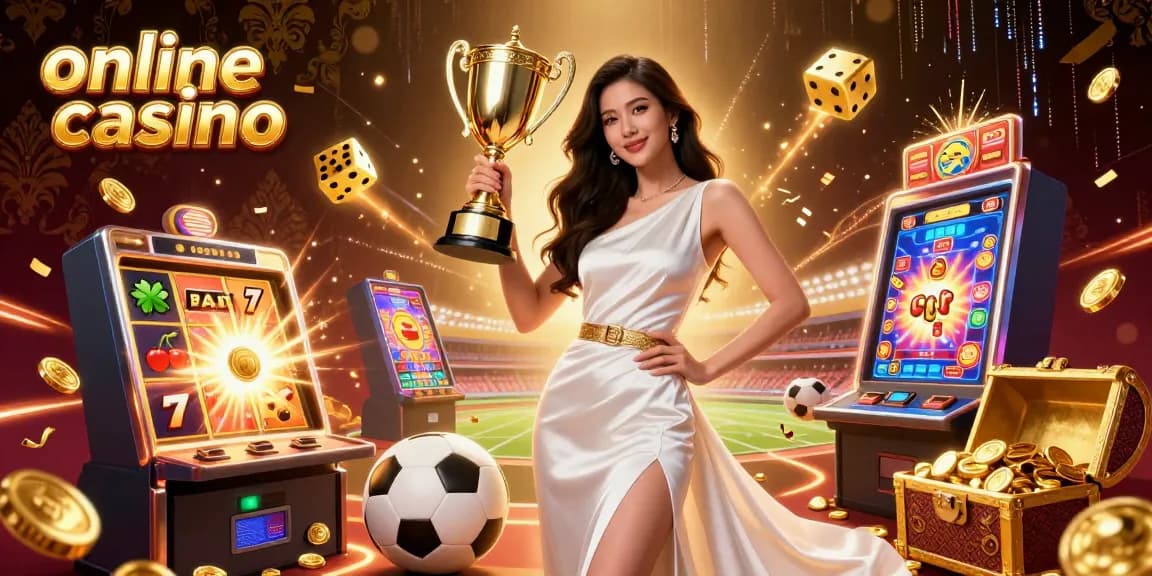 Thrilling online casino scene featuring vibrant golden elements, a confident woman, and slot machines exploding with rewards.