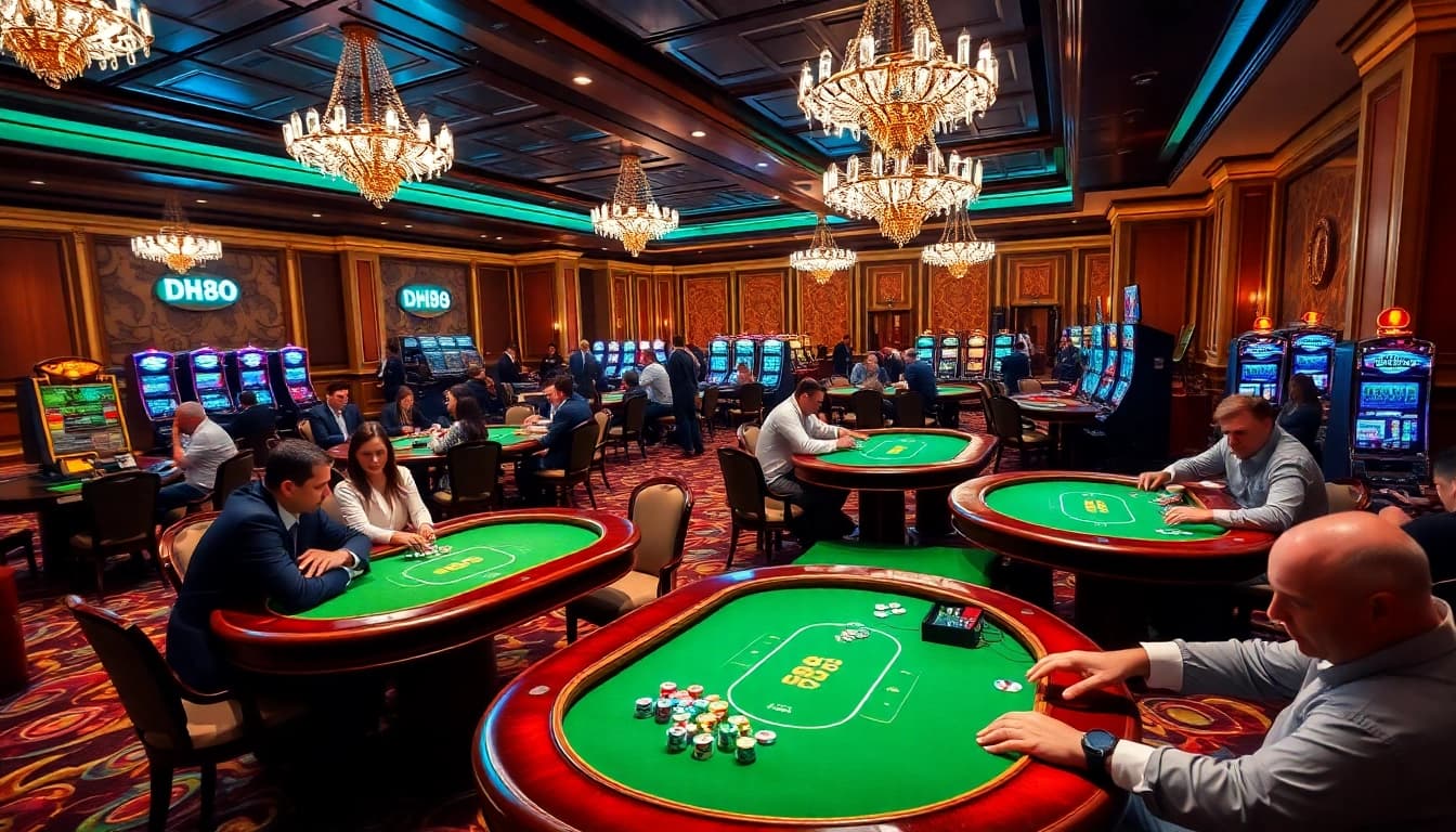 DH88 players enjoying a thrilling moment at luxurious poker tables in an upscale casino.