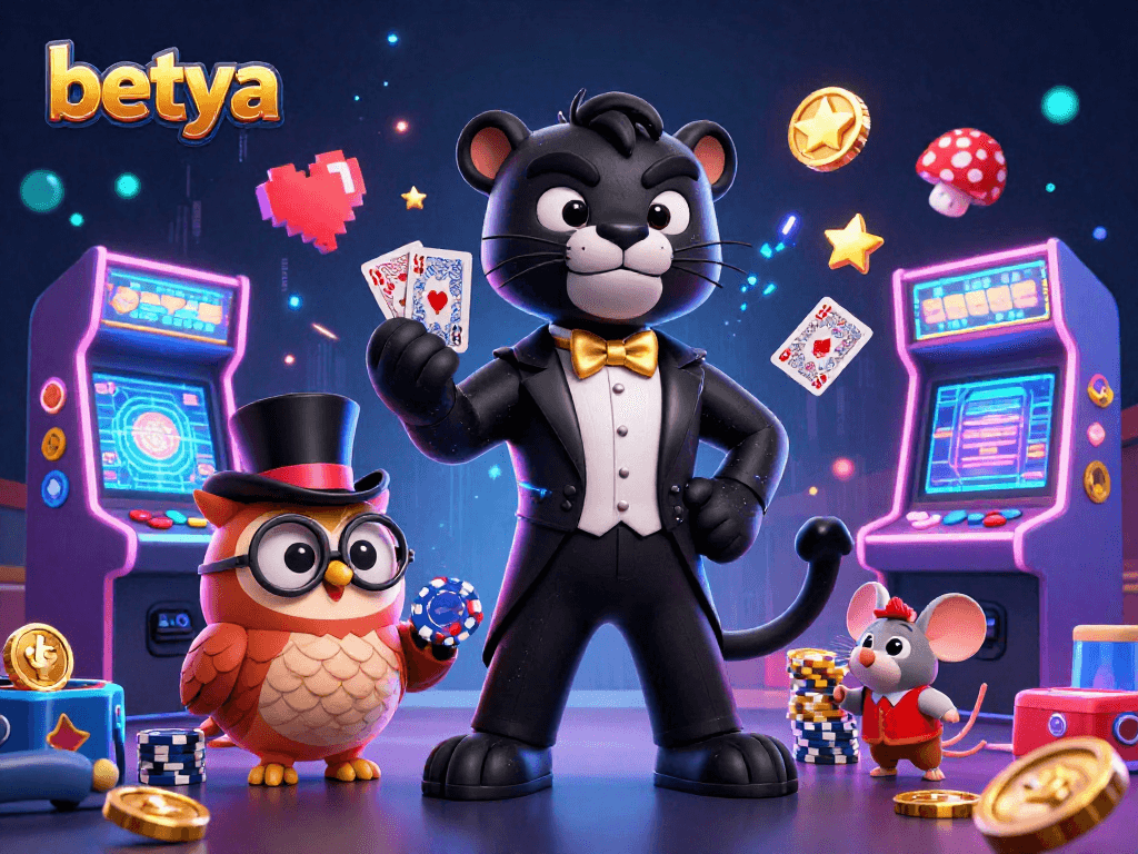Betya's entertaining sports betting scene with a panther, owl, and mouse sharing poker fun.