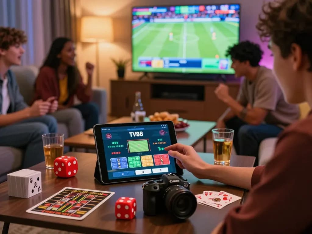 Experience the TV88 app in an engaging online gaming setup with friends, showcasing excitement and interaction.