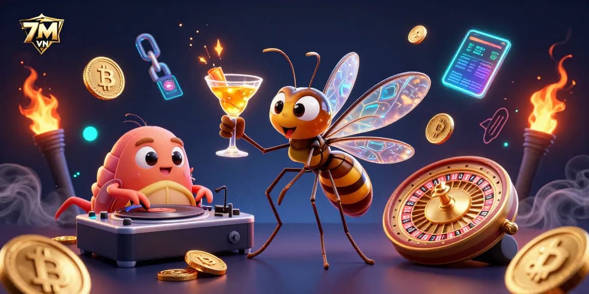 Engage with 7M VN's vibrant casino scene featuring a unique frozen-in-amber mosquito mascot.