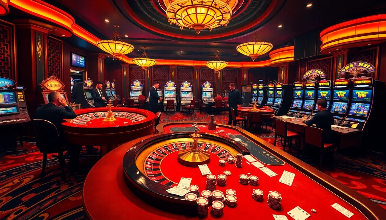 Experience the thrill of rr99 betting at a luxurious casino with roulette and poker tables.