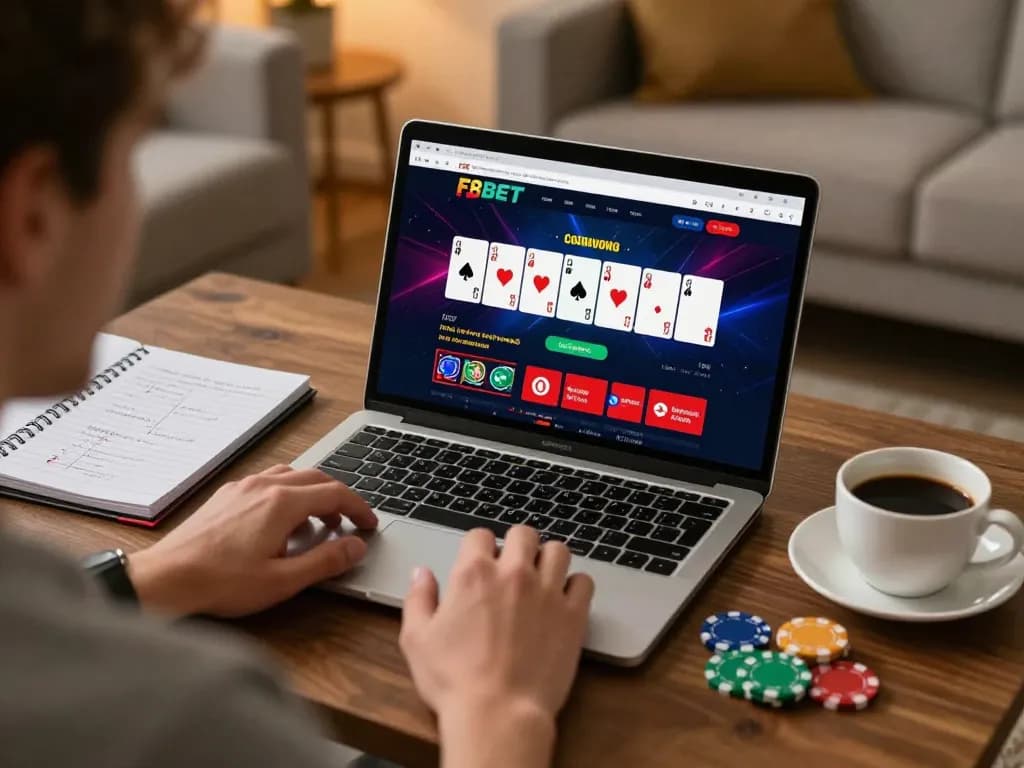 Player strategizing on F8BET online casino, laptop showcasing poker interface in cozy home setting.