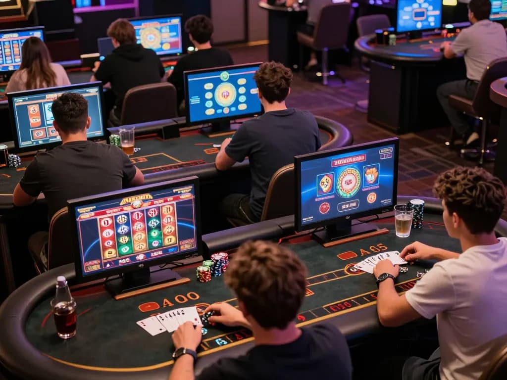 B52club players enjoying an interactive online casino experience, focused on gameplay while enjoying drinks.