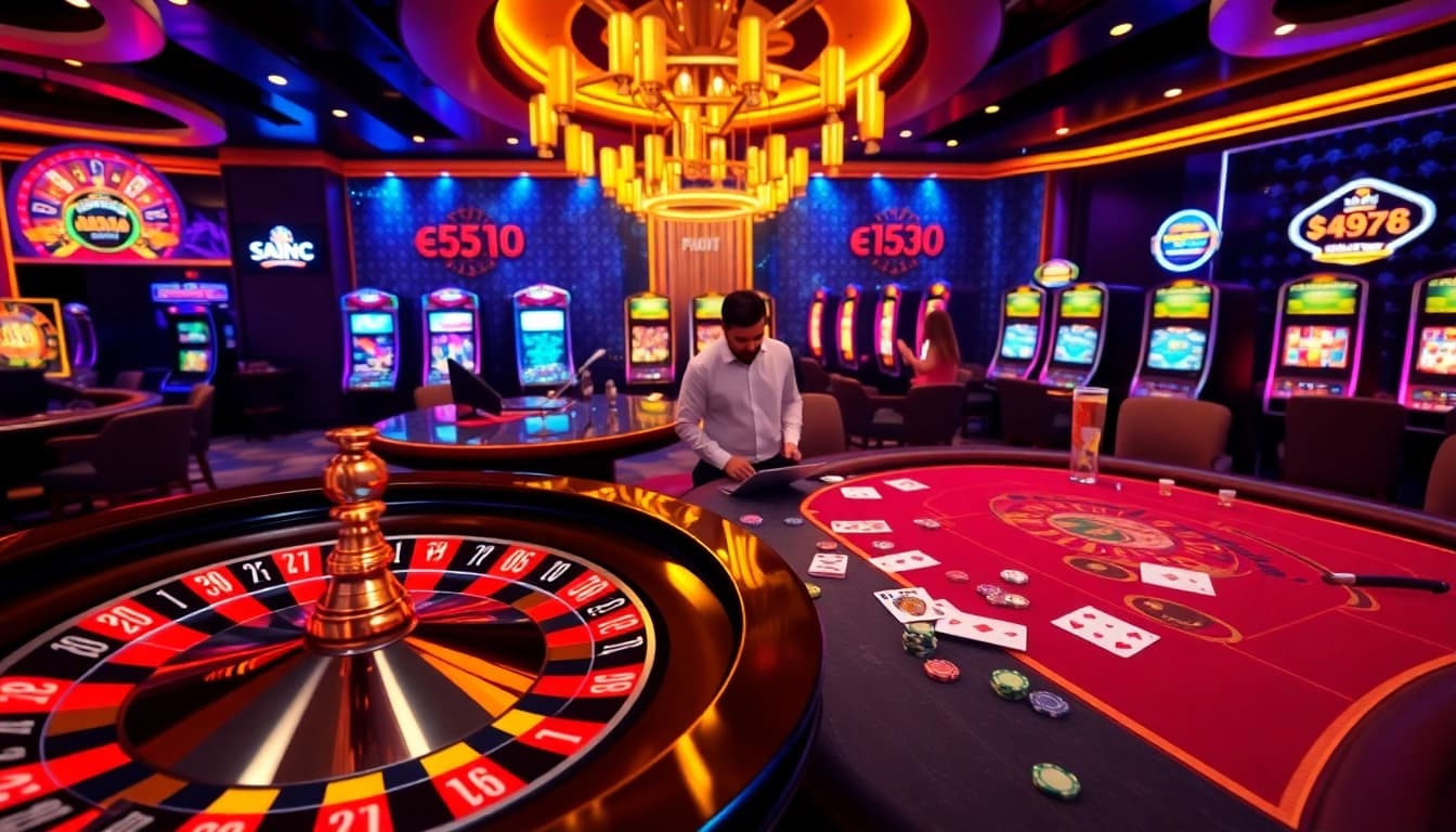 Experience thrilling gaming at ek333pro.com with vibrant slot machines and an exciting poker table.