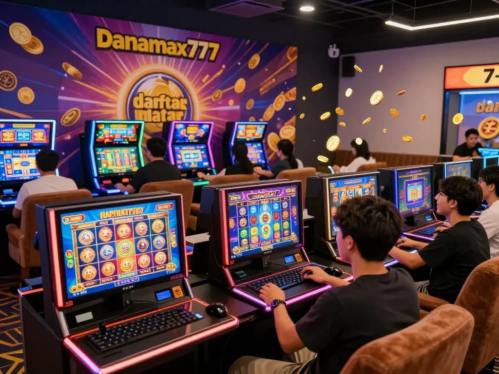Pemain yang bersemangat merayakan kemenangan saat menggunakan daftar danamax777 untuk slot online di lingkungan permainan digital yang cerah.
