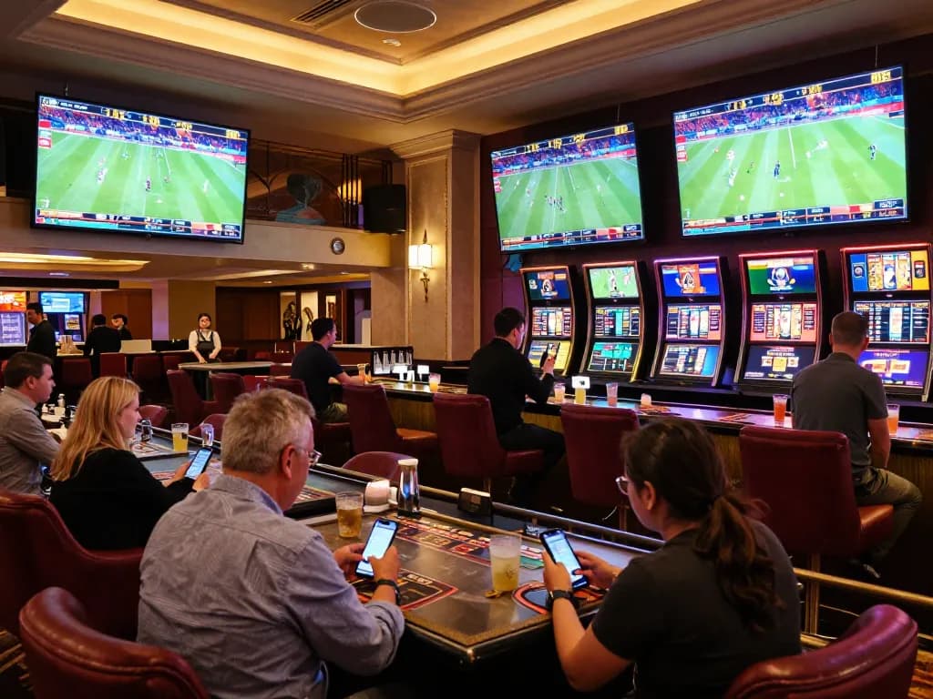 Sports betting excitement at bagus-surfcamp lounge with patrons reviewing live odds.