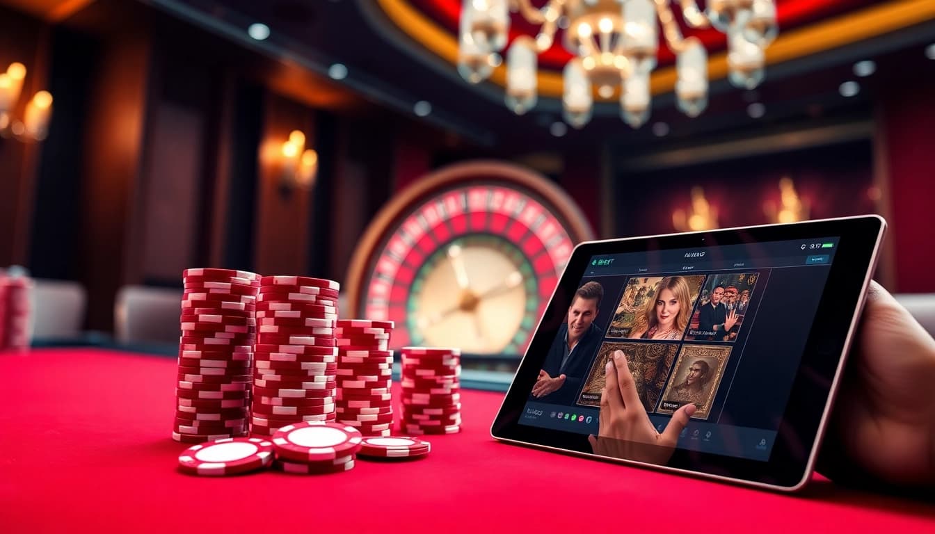 i9bet showcasing an elegant poker table with vibrant chips and a glamorous roulette wheel, creating a thrilling atmosphere.