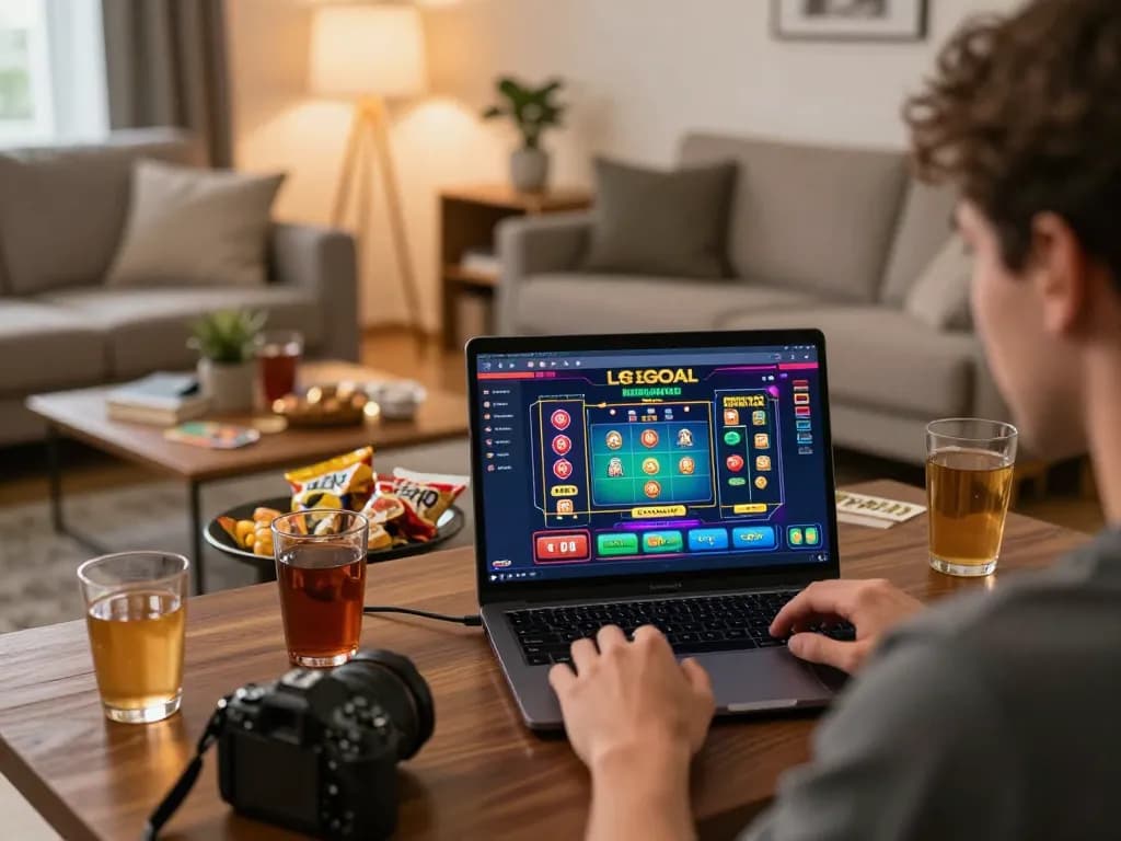 Engaging online gaming experience with LGOGOAL platform on laptop screen amid a cozy living room.