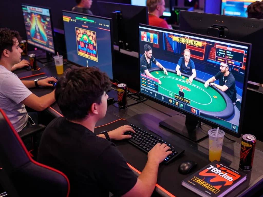 Engaging gameplay scene at 789club online casino setup with multiple screens showing poker tables and chat.