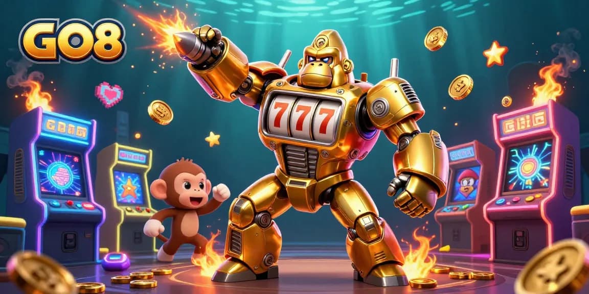 Engage with GO8's dynamic casino experience featuring a golden gorilla mech amidst vibrant gaming elements.