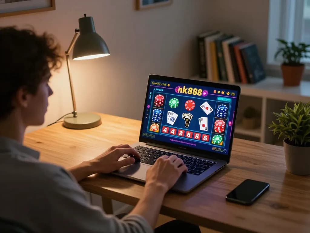 Player engaging in nk88 online gaming with laptop, creating a strategic and exciting atmosphere.