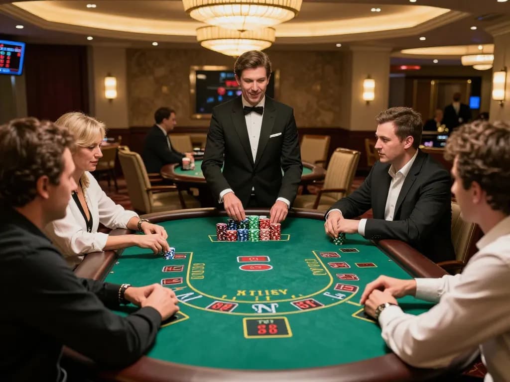 Players strategizing at W188 blackjack table, highlighting engaging gameplay and casino atmosphere.