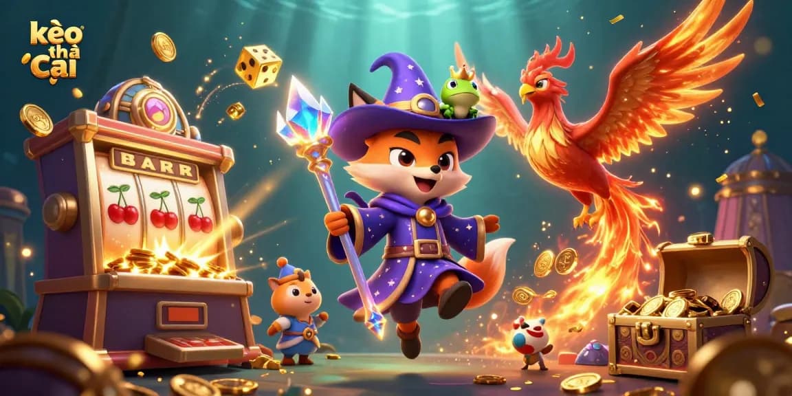 Engage with kèo nhà cái through vibrant cartoon depiction featuring mystical characters and explosive casino elements.