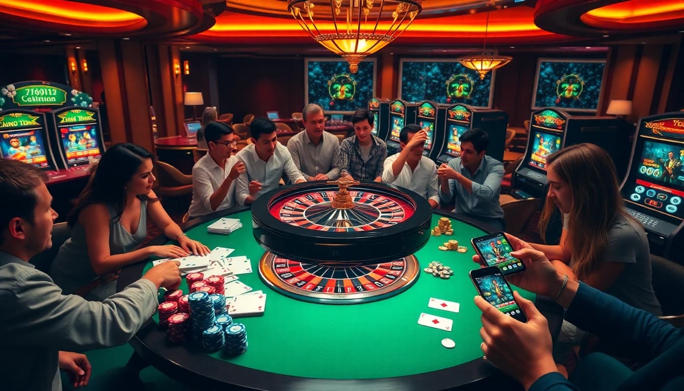A vibrant casino scene with roulette and poker chips, showcasing 789p online gambling experience.