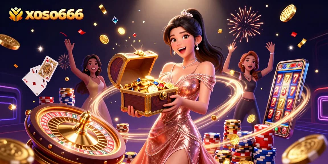 Win big at xoso666 with a dazzling treasure chest of coins and gems bursting in a vibrant casino scene.