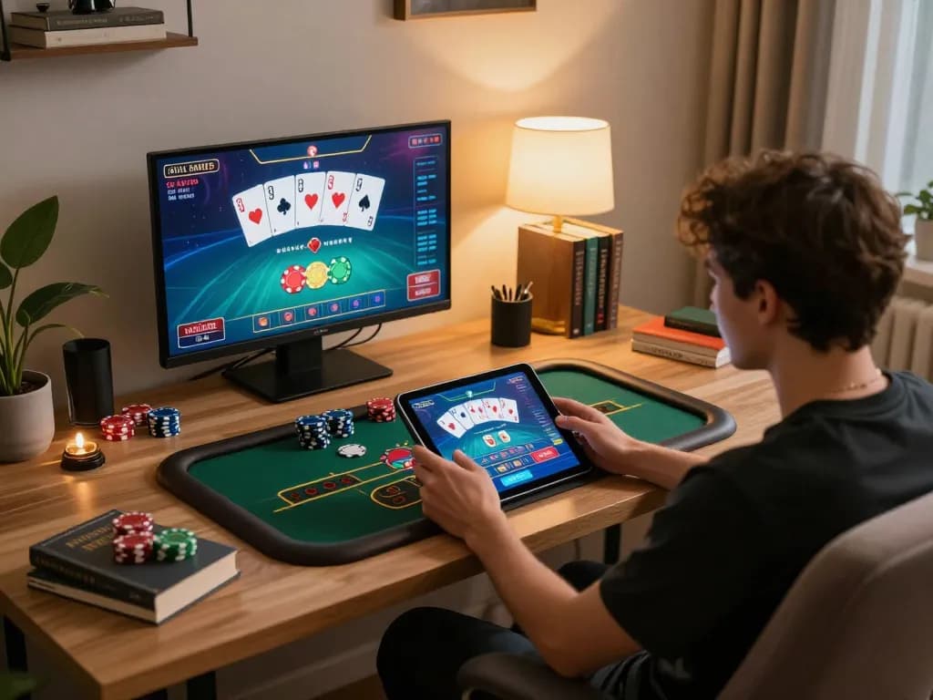 Engaging in ku win strategies at a stylish online gaming setup with vibrant graphics and cozy atmosphere.