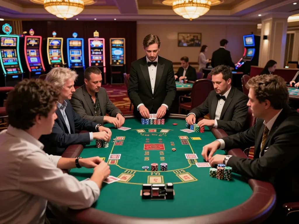 An engaged group at the TR88 blackjack table strategizing their next moves, showcasing the excitement of high-stakes casino gameplay.