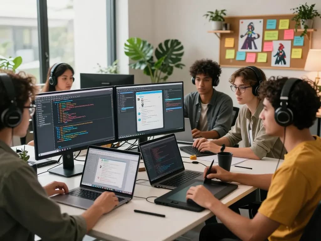 Engaging workspace with diverse team developing nsfw ai chat characters and interfaces.