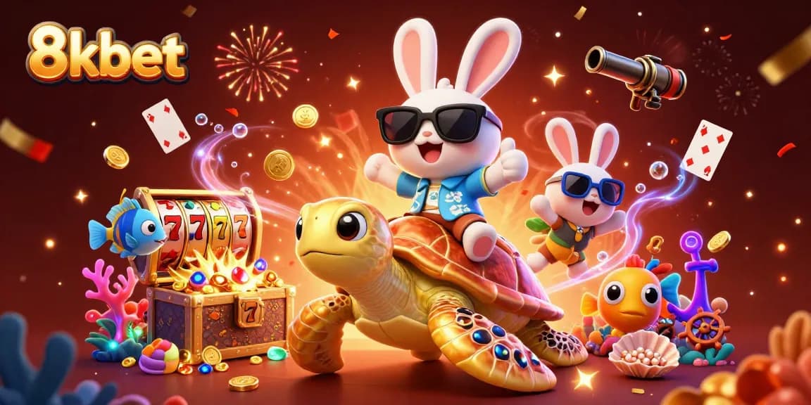 Spin and win at 8kbet with vibrant casino characters and lively game elements surrounding them.