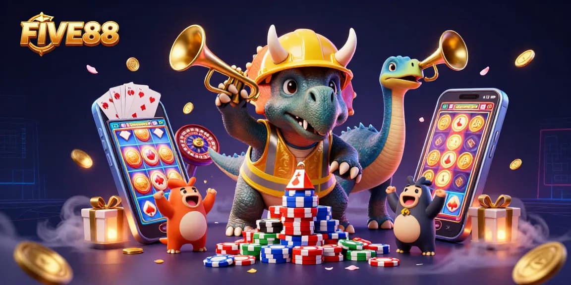 FIVE88 bursts with excitement as cartoon dinosaurs celebrate a jackpot with coins and poker chips.