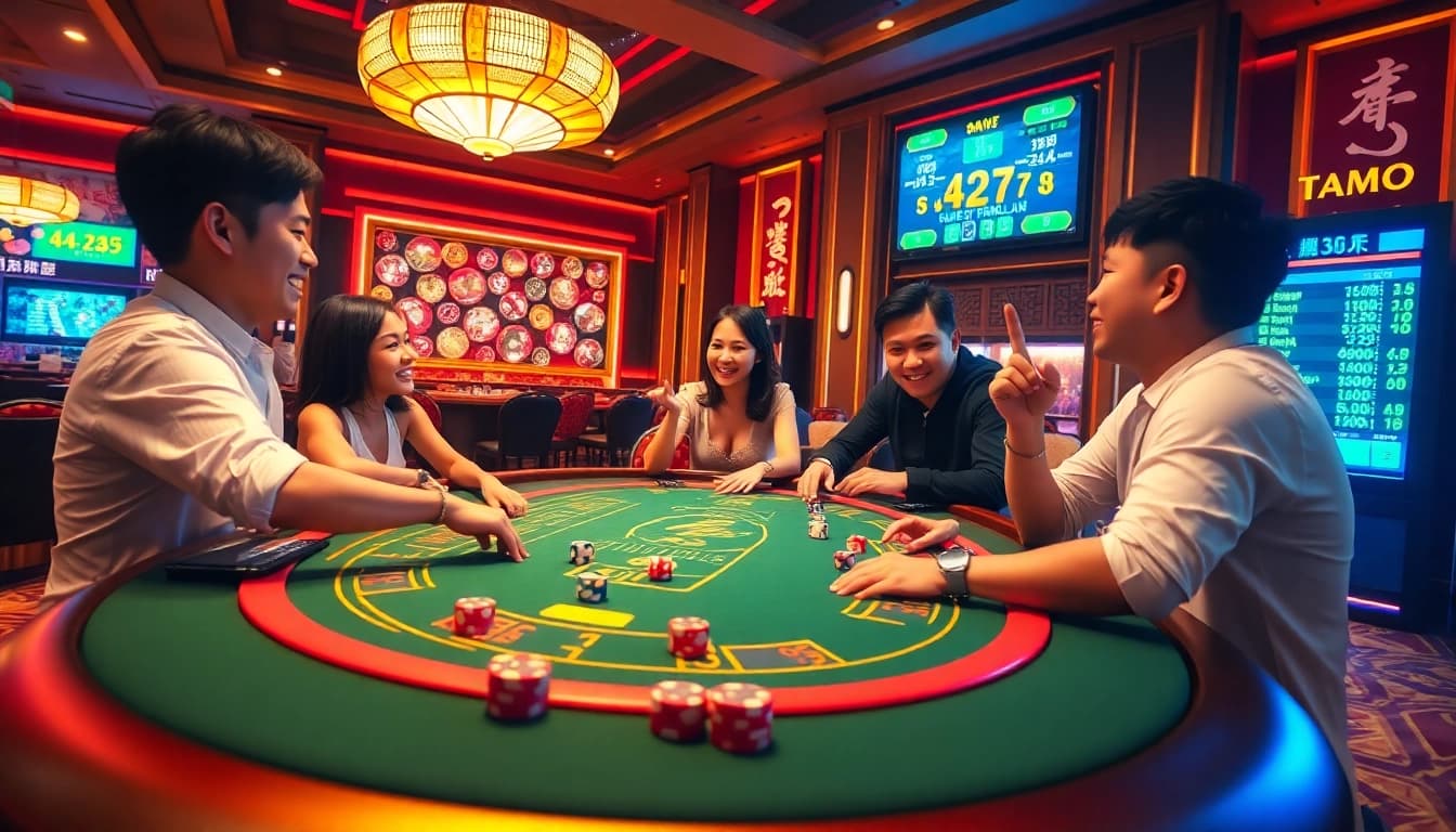 Tài xỉu md5 com players engaging in an exciting game at a glamorous casino table with vibrant colors.