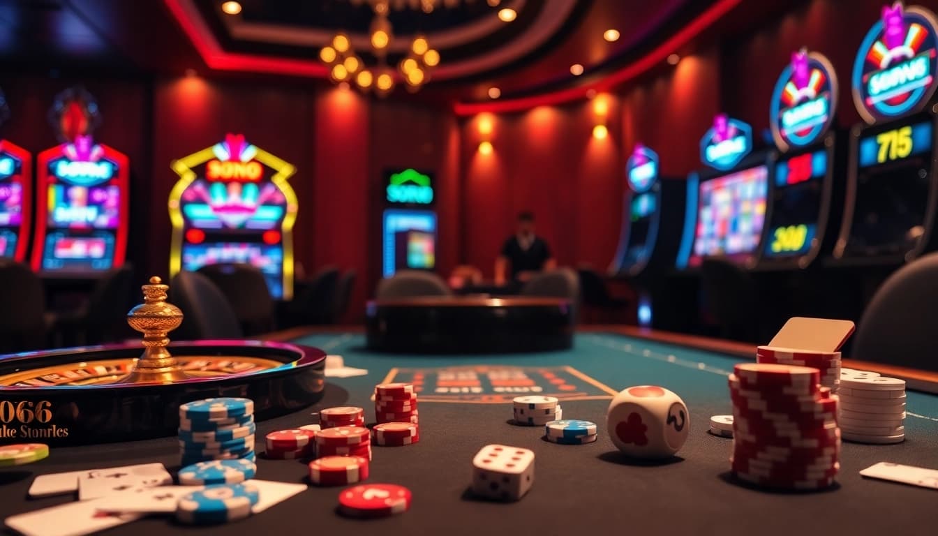 Experience the thrill of SODO66 at an upscale casino table with vibrant gambling elements.