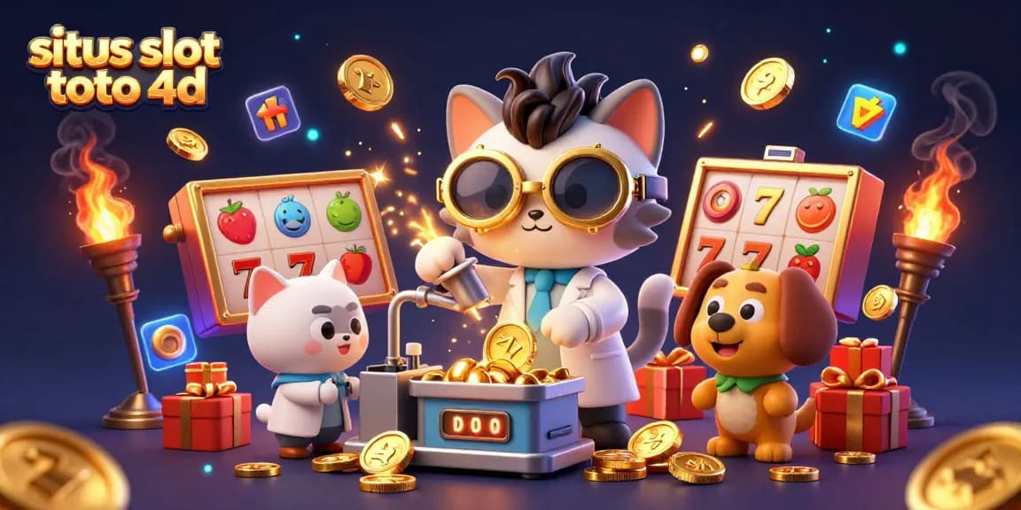 Engage in situs slot toto 4d action with colorful slot reels, golden coins, and lively characters.