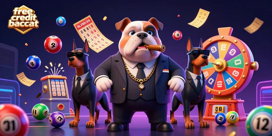Engage in exciting free credit baccarat action with a cartoon mafia dog and Doberman bodyguards amid vibrant game elements.