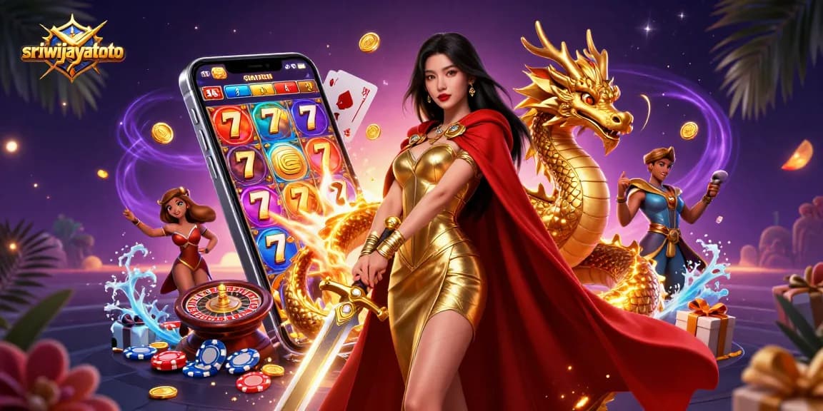 Sriwijayatoto's exciting gaming experience illustrated with a warrior queen and vibrant casino elements.