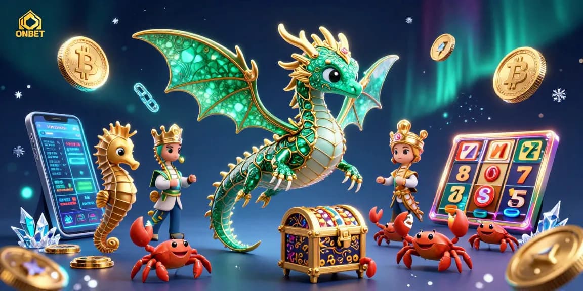 ONBET showcases dynamic casino elements with a leafy sea dragon, glimmering coins, and jackpot slots.